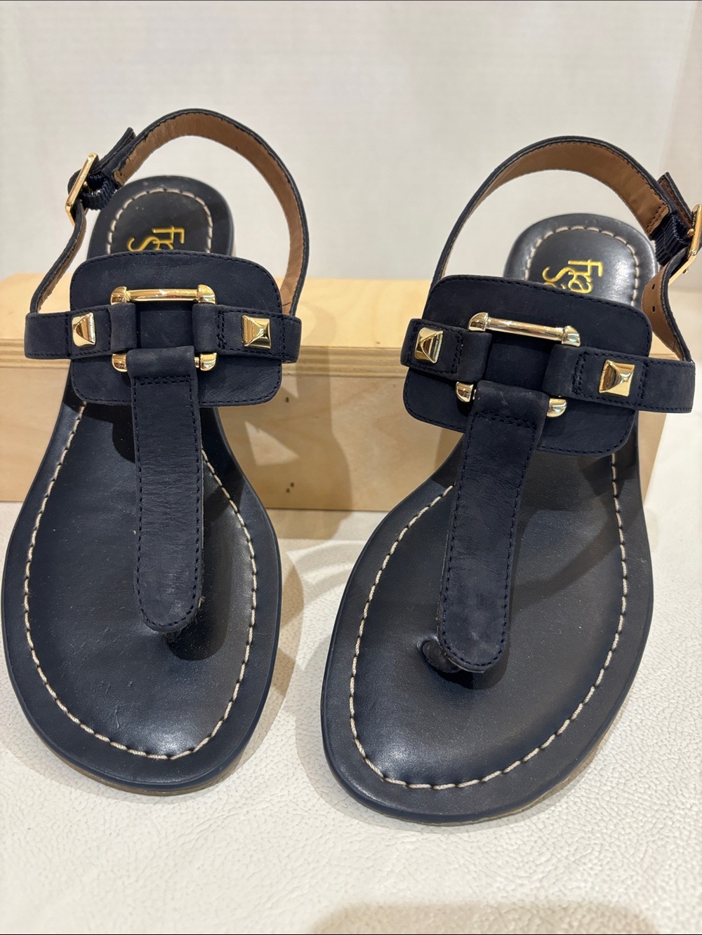 Franco Sarto Deep Navy and Gold accents T‑Strap Sandals